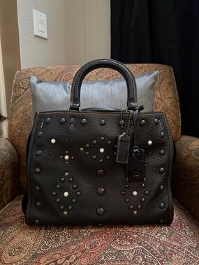 SOLD Coach Rogue Western Rivets & Pearl 30 20315 Tote Bag Black Leather